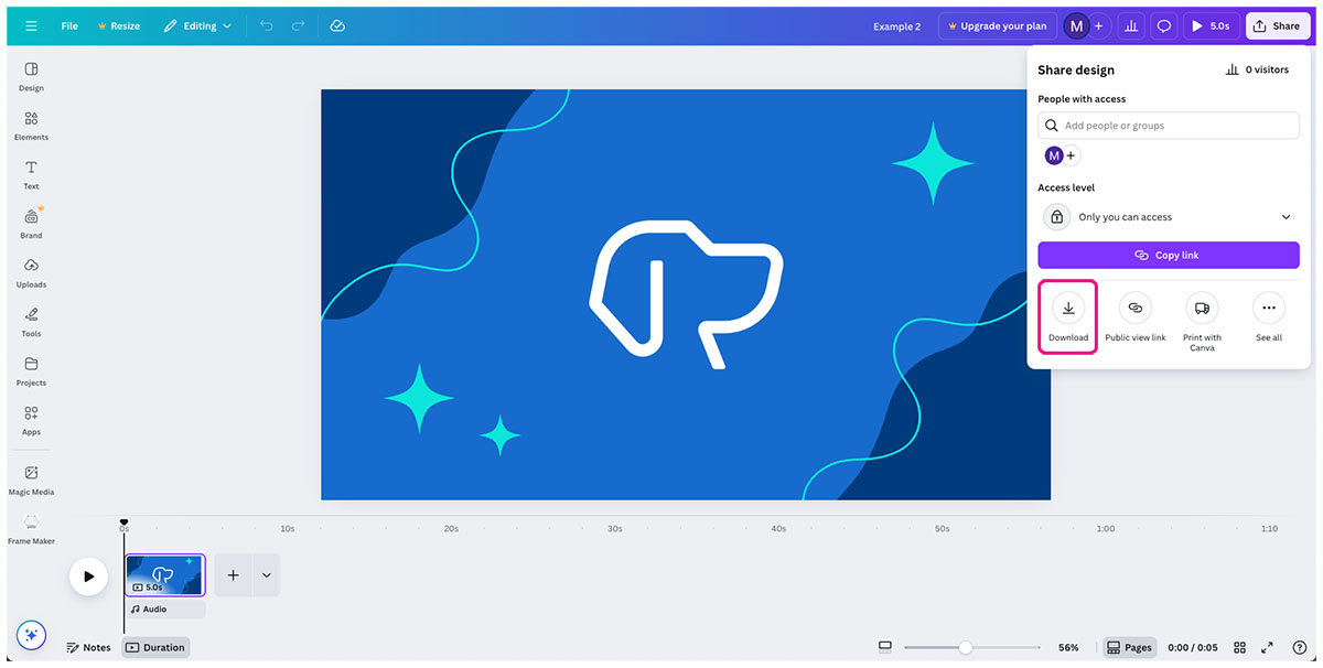 Canva interface with the download button highlighted