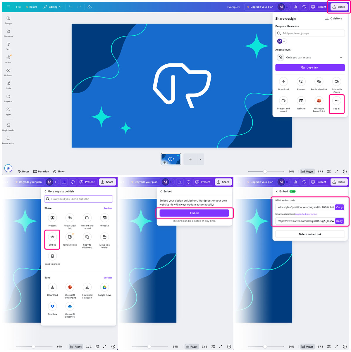 Canva interface with the steps to embed a design highlighted