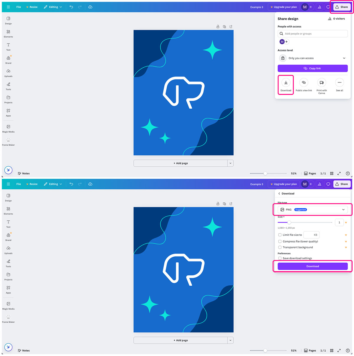 Canva interface with the steps to download an image highlighted
