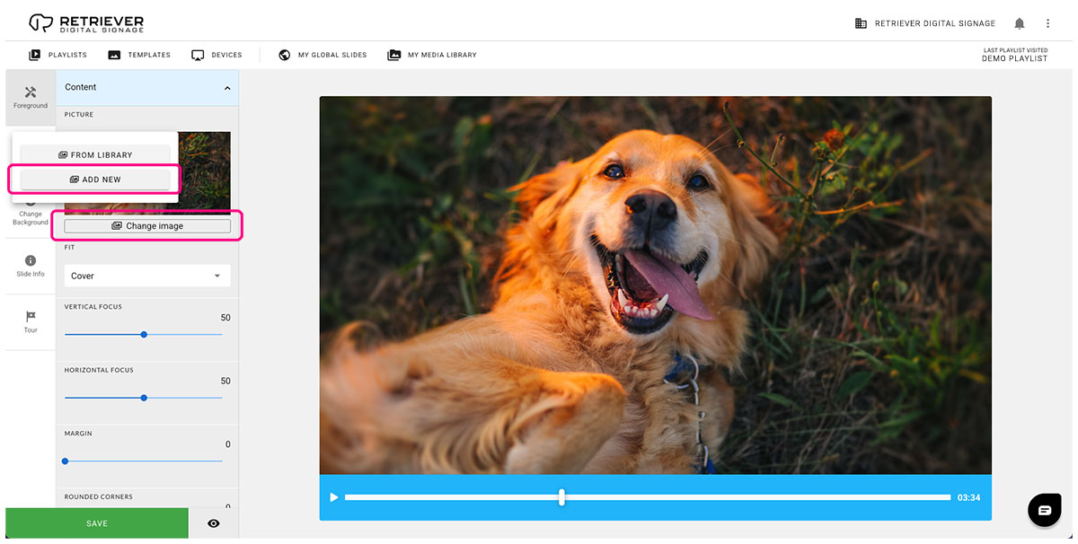 Retriever interface with the picture field highlighted