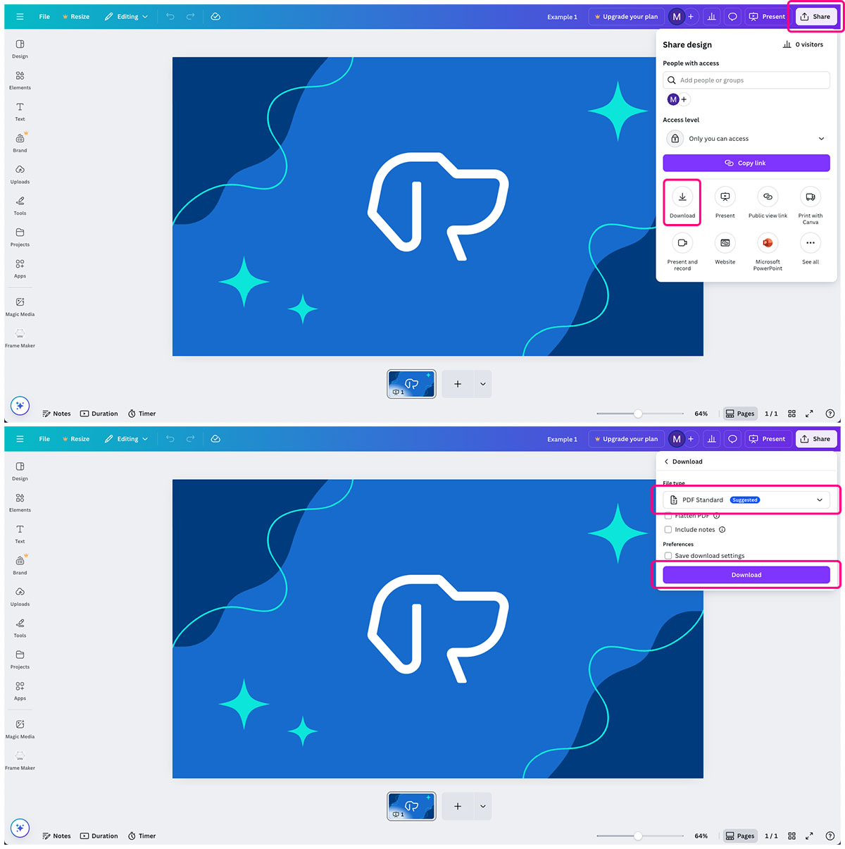 Canva interface with the steps to download a PDF highlighted