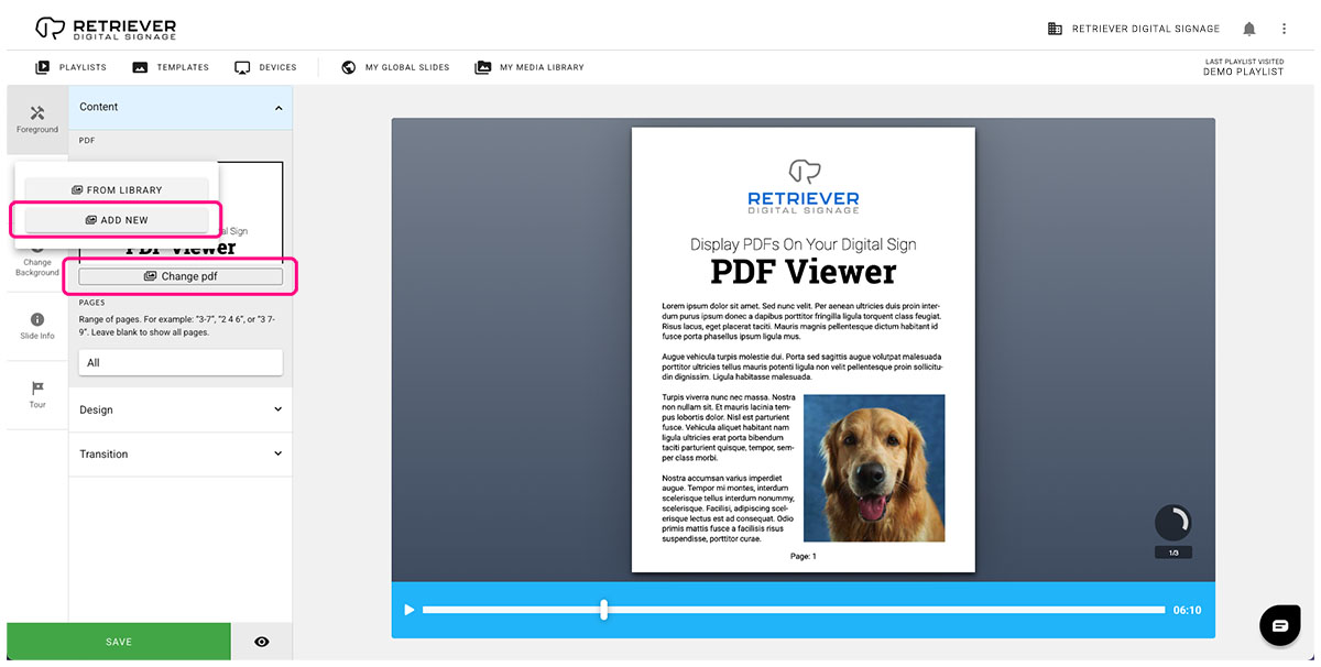 Retriever interface with the PDF field highlighted