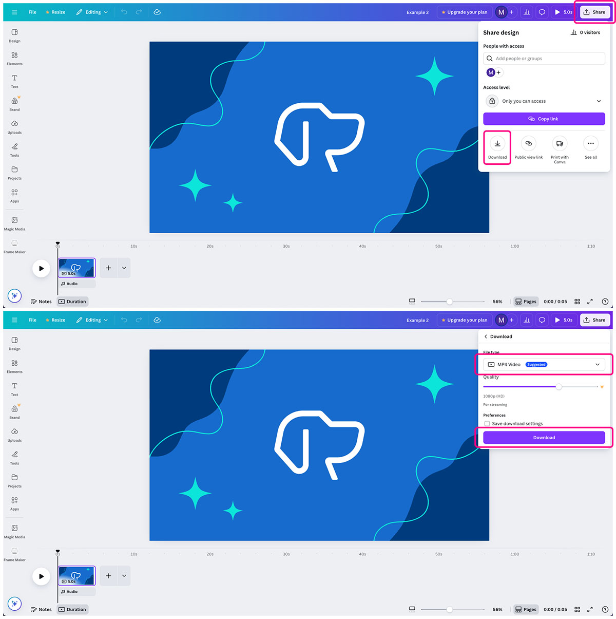 Canva interface with the steps to download a video highlighted