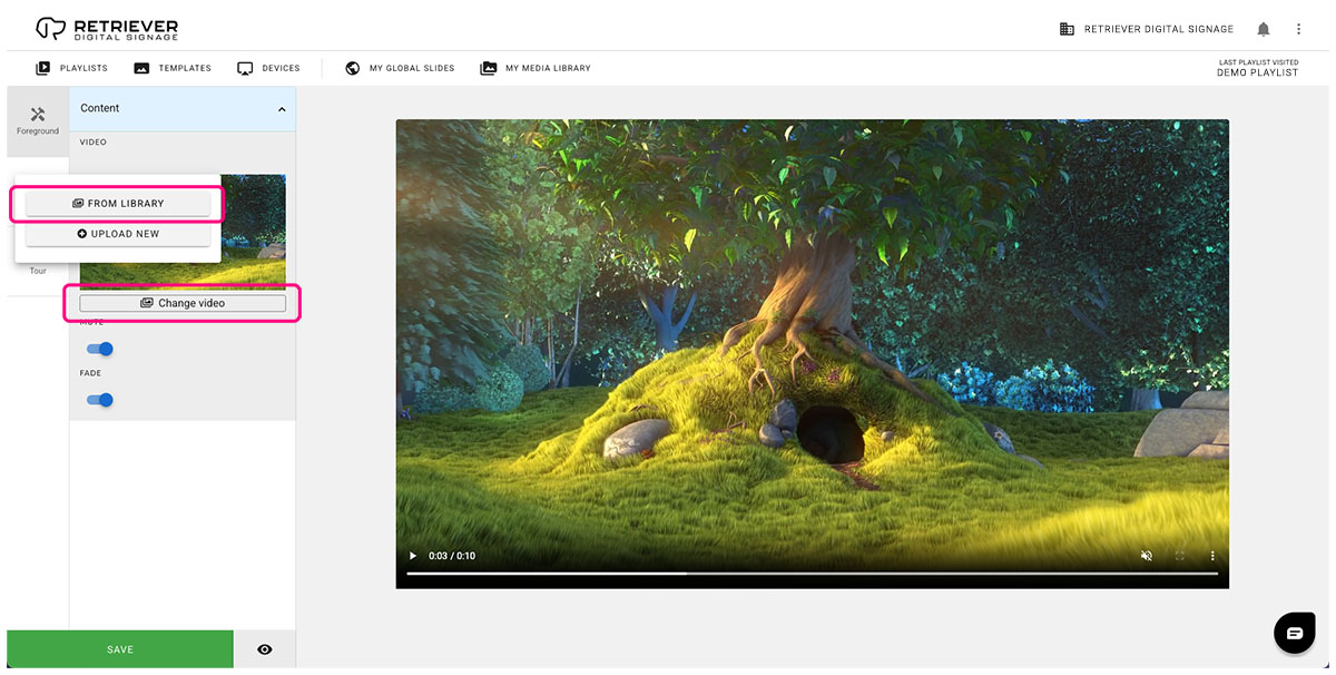 Retriever interface with the video field highlighted