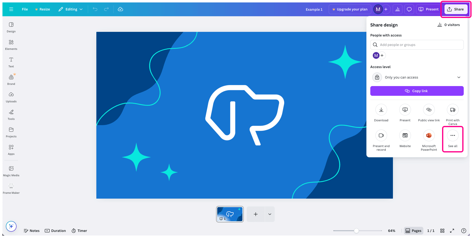 Canva interface with the share button highlighted