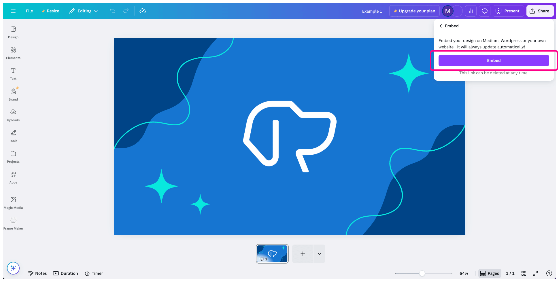 Canva interface with the embed button highlighted
