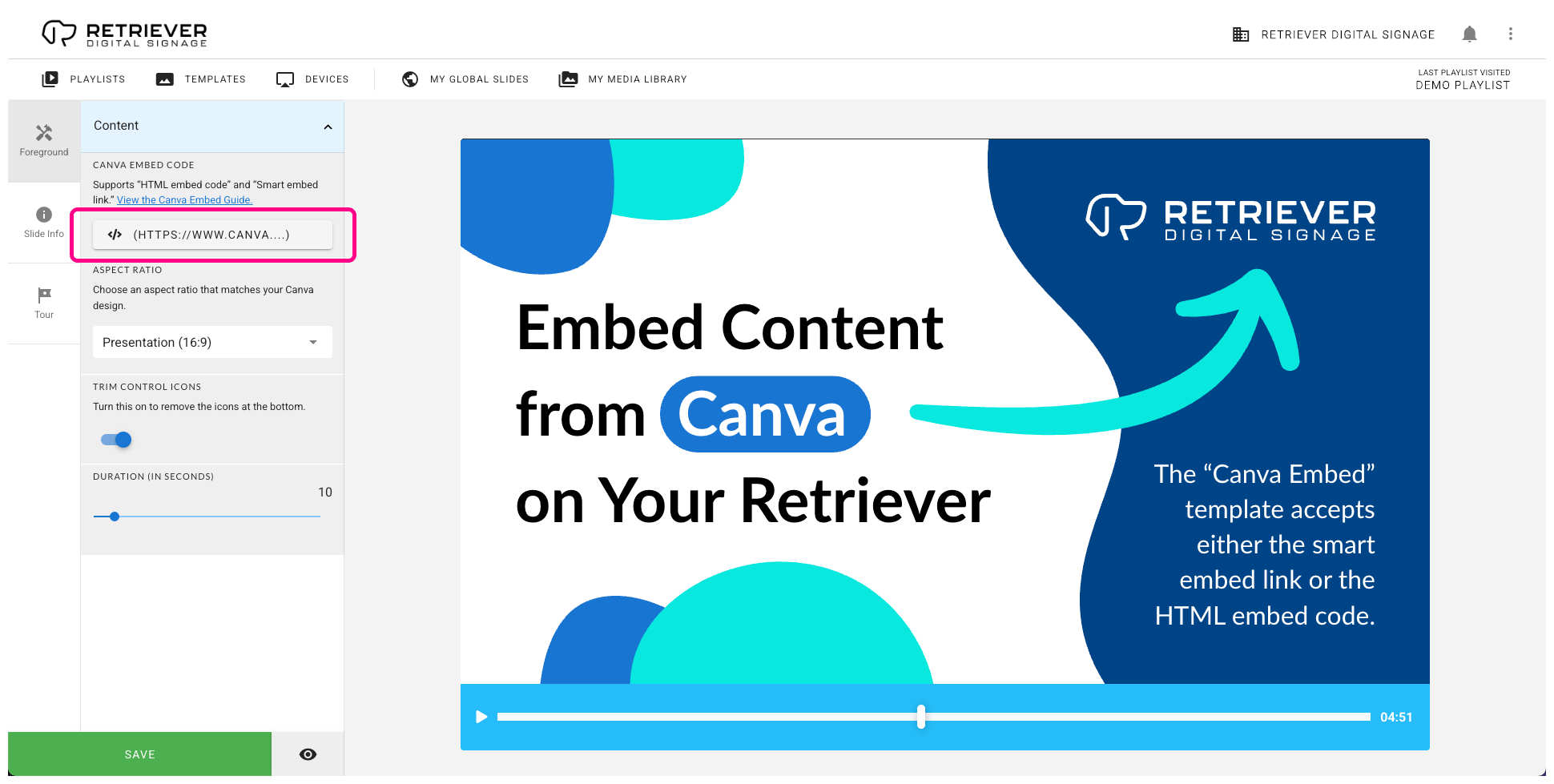 Retriever interface with the embed field highlighted