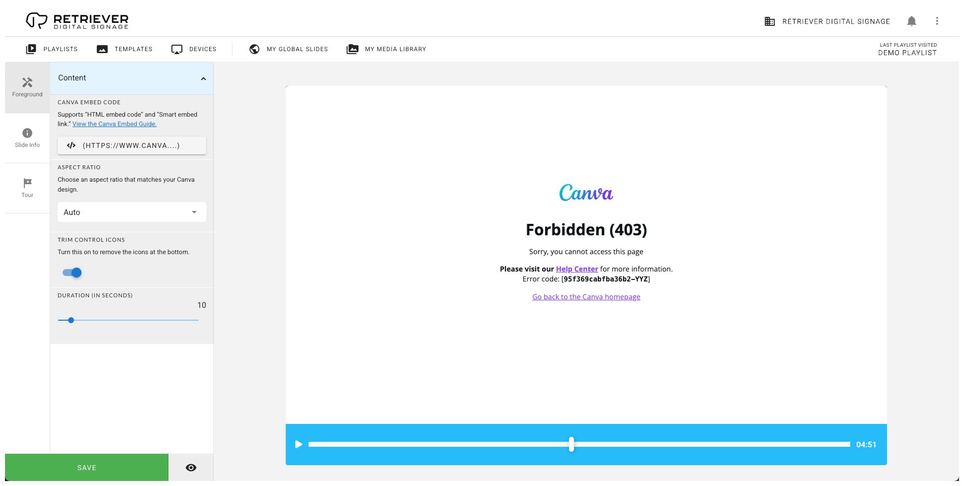 Screenshot showing a Canva error message. The message says, “Forbidden (403).”