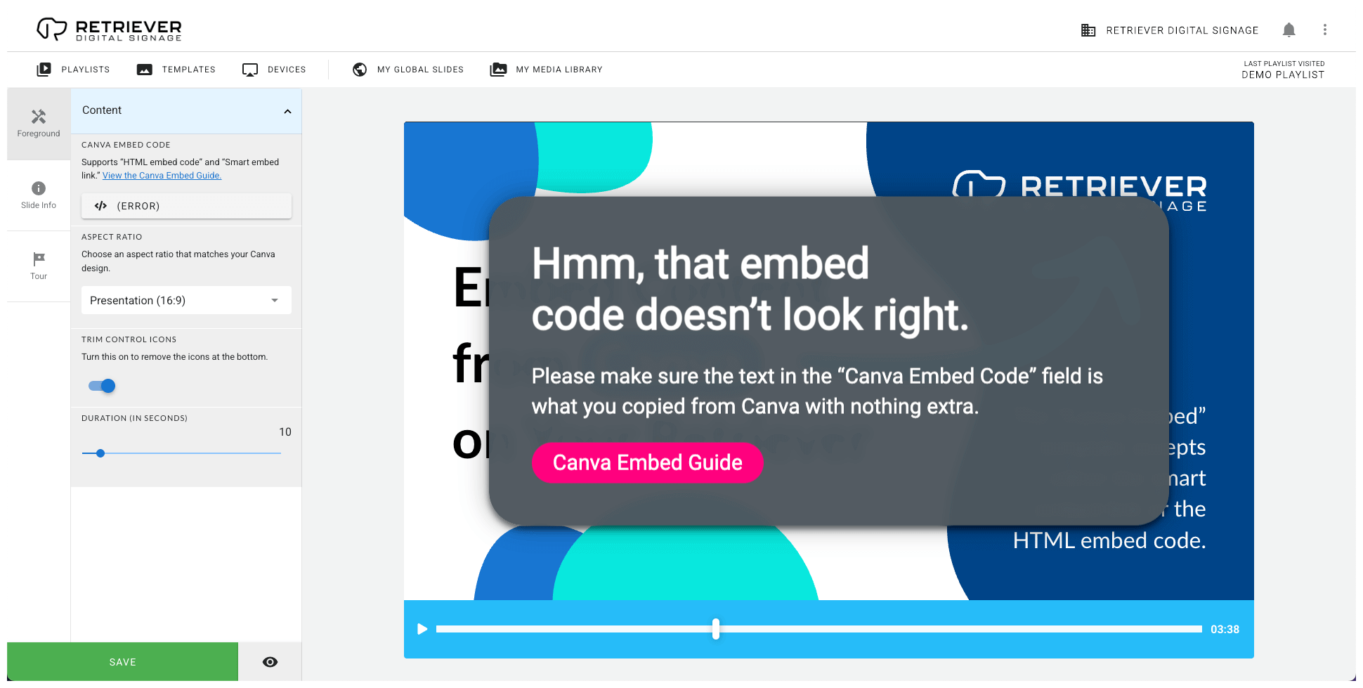 Screenshot showing a Canva error message. The message says, “Hmm, that embed code doesn’t look right.”