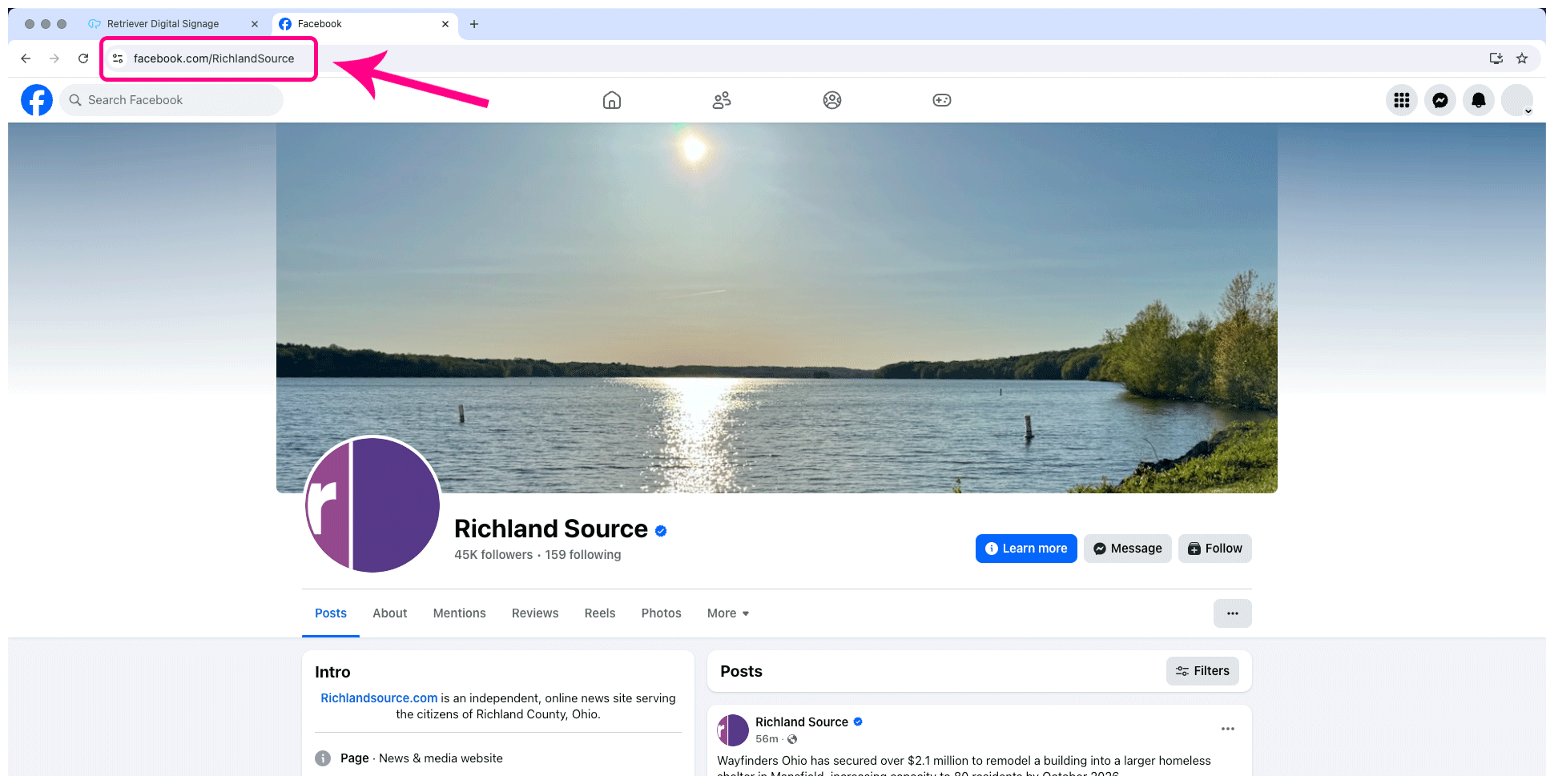 Screenshot of Facebook with the address bar highlighted.