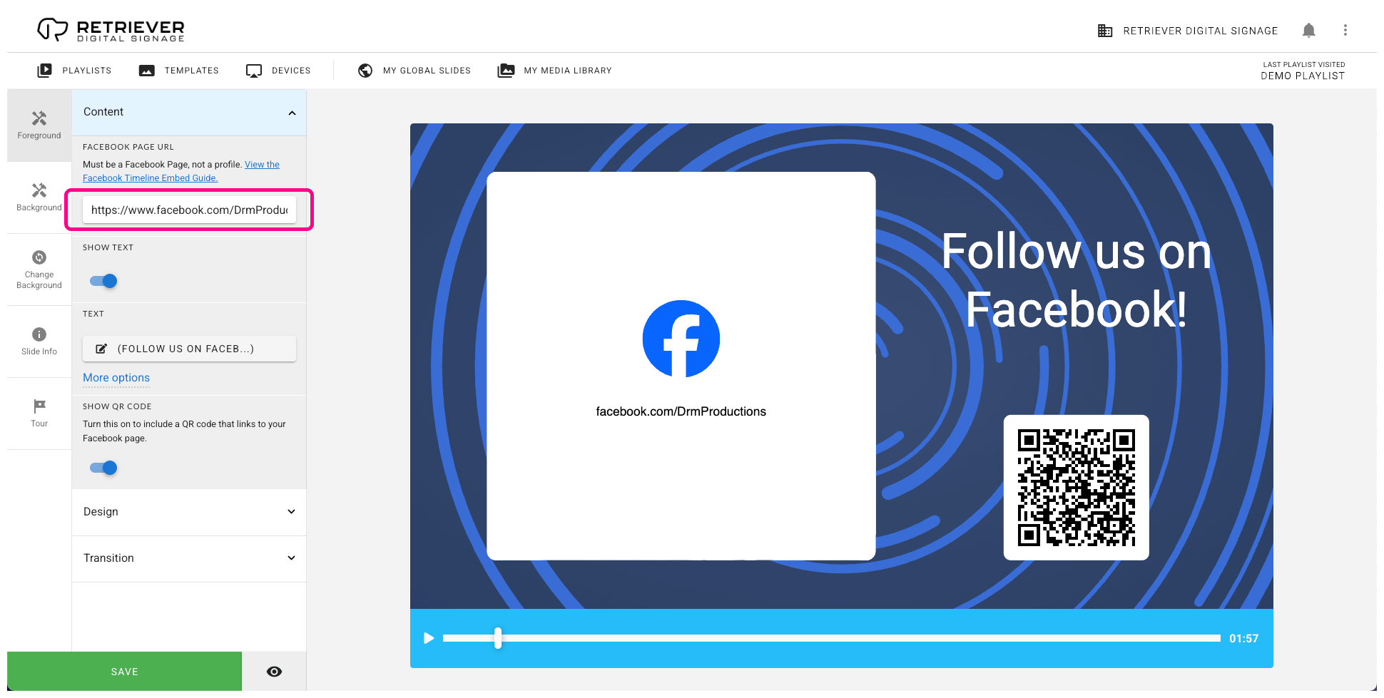 Retriever interface with the Facebook Page URL field highlighted.