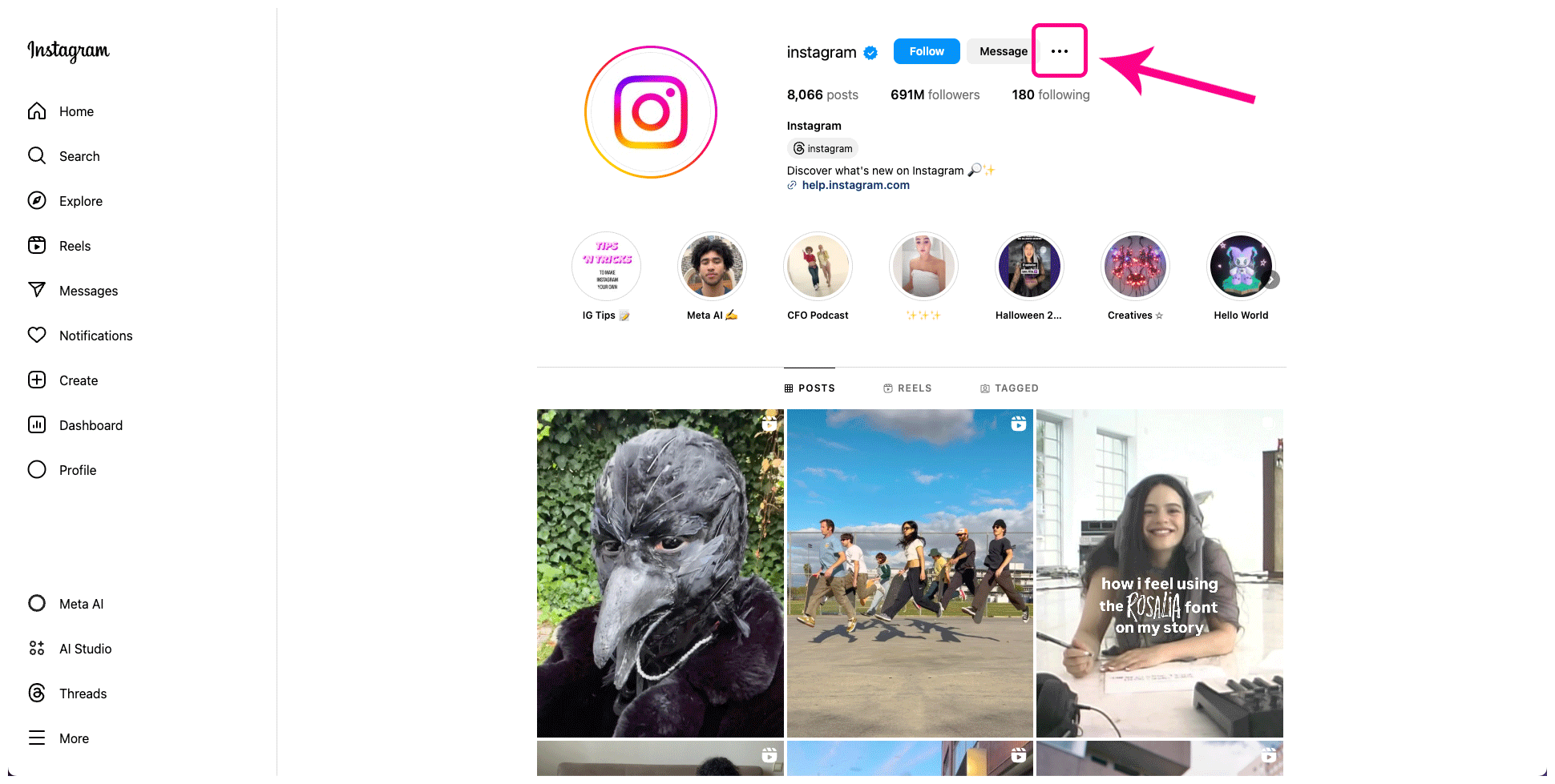 Instagram interface with the three-dots menu highlighted.
