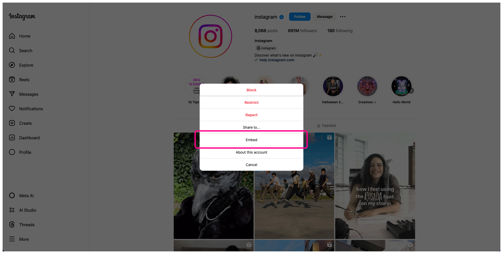 Instagram interface with the “Embed” button highlighted.