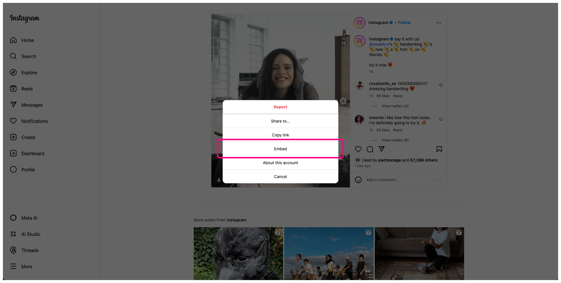 Instagram interface with the “Embed” button highlighted.