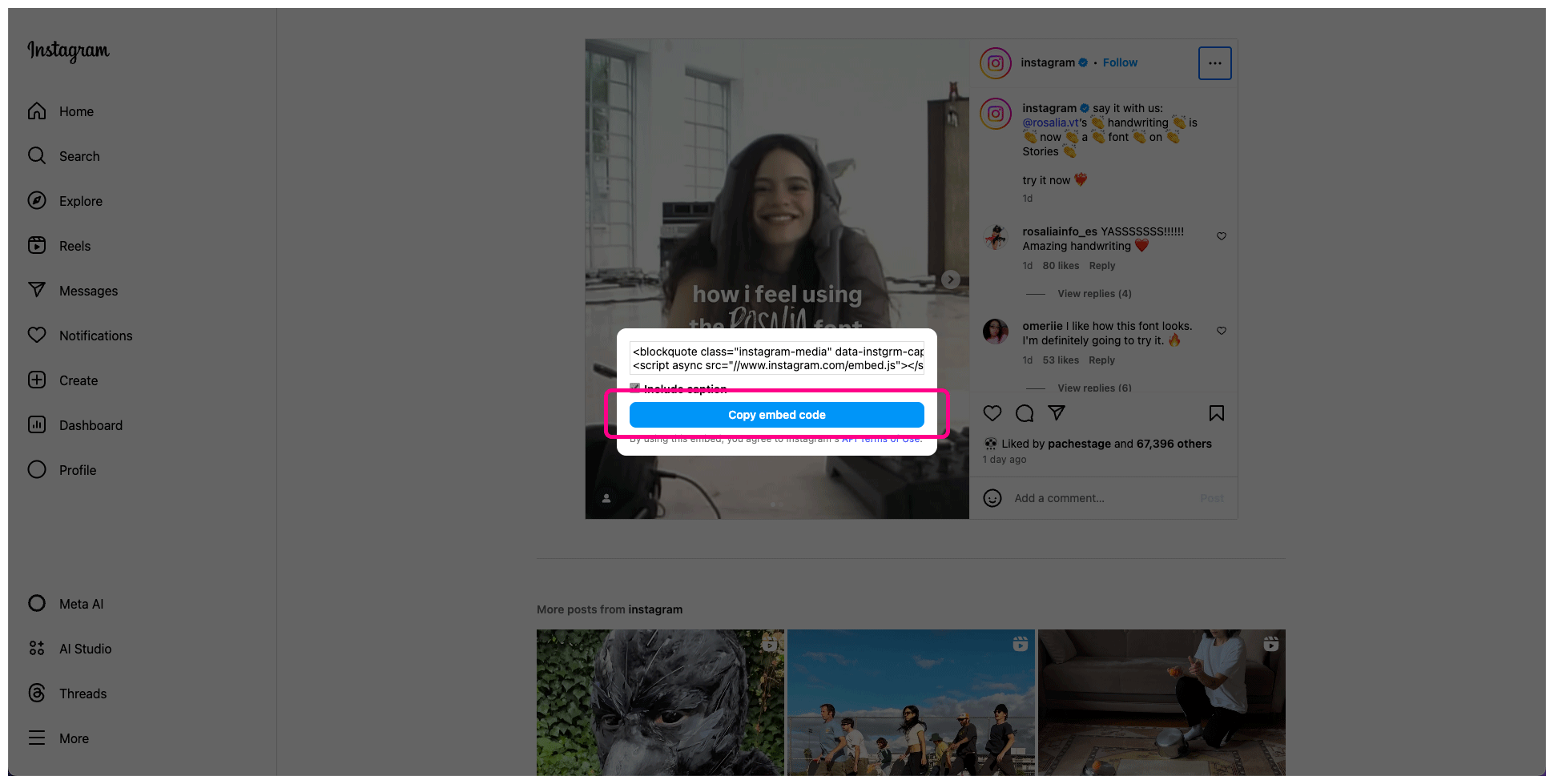 Instagram interface with the “Copy embed code” button highlighted.