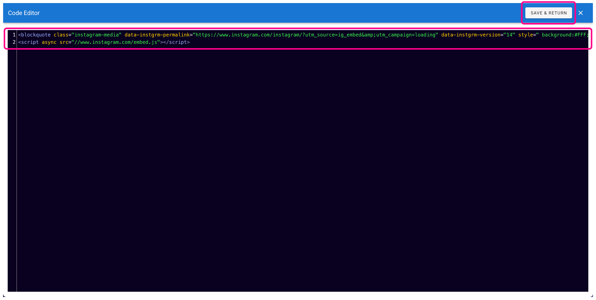 Retriever code editor field with the embed code highlighted.