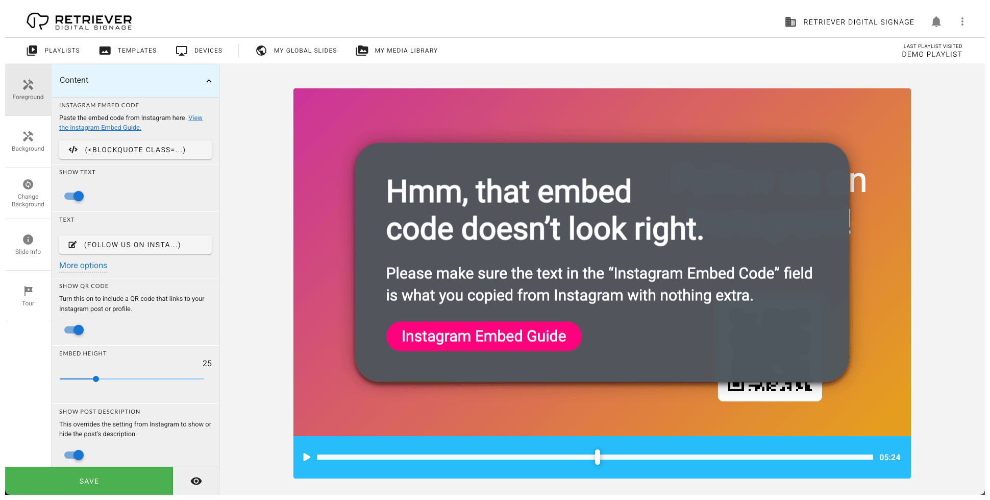 Screenshot showing an Instagram error message. The message says, “Hmm, that embed code doesn’t look right.”